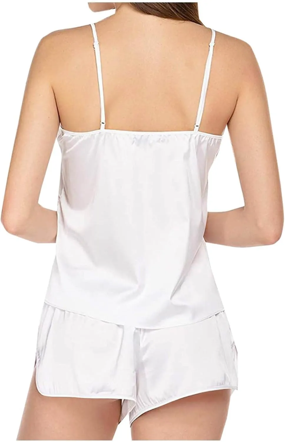 Silk Pajamas 4pc Set for Women Lace Satin Camisole Sleepwear Lingerie V-Neck camisole 2 Pieces Top and 2 Pieces Shorts