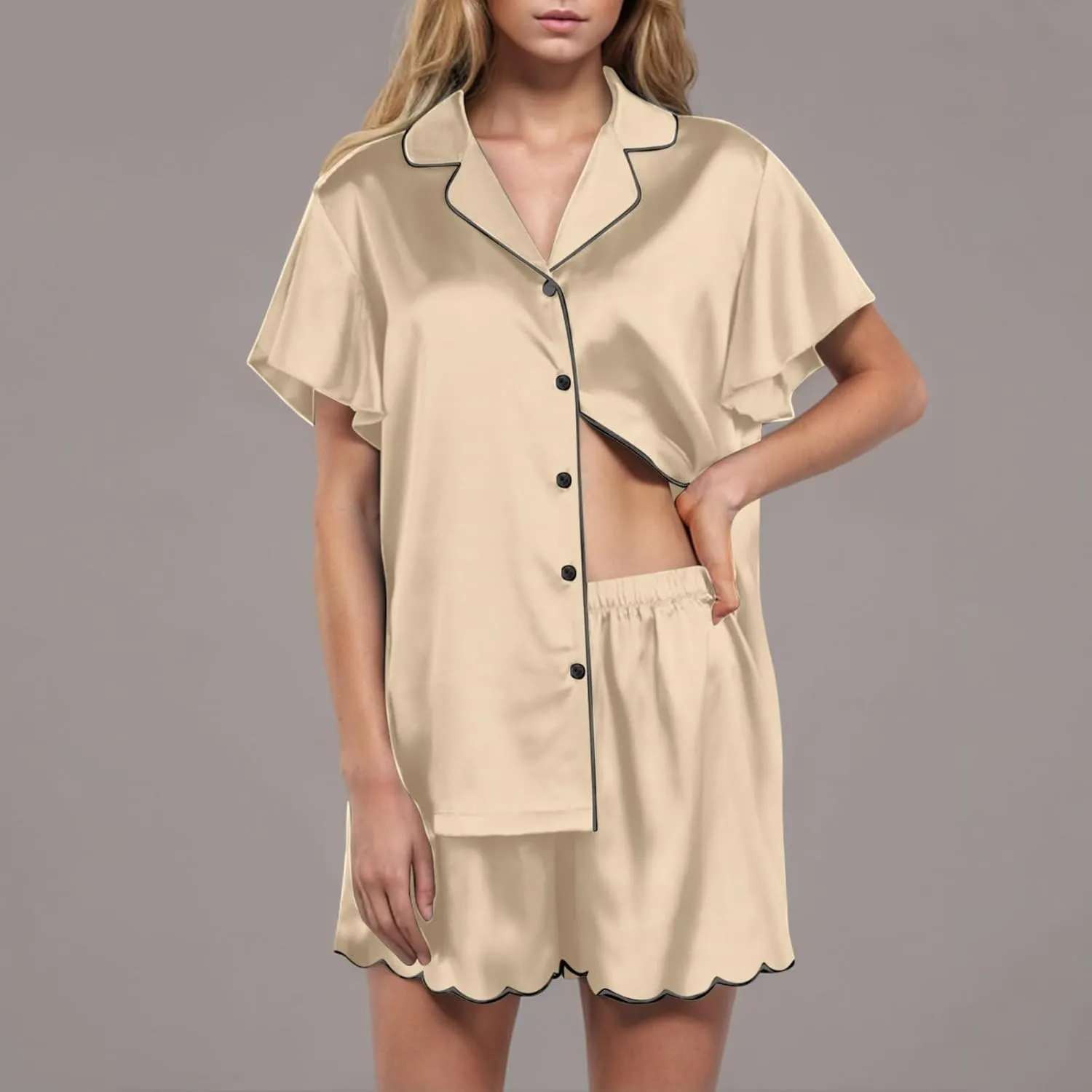 Silk Satin Pajama Set for Women 2 Piece Lounge Pjs Matching Outfits Summer Sleepwear Button Down Shirt Ruffle Shorts