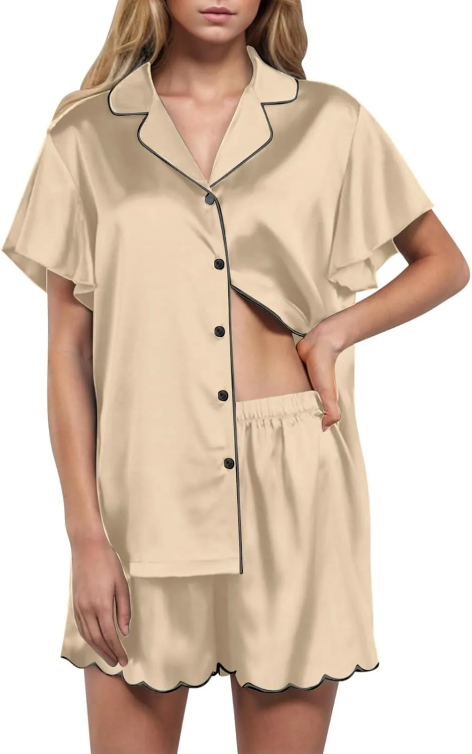 Silk Satin Pajama Set for Women 2 Piece Lounge Pjs Matching Outfits Summer Sleepwear Button Down Shirt Ruffle Shorts
