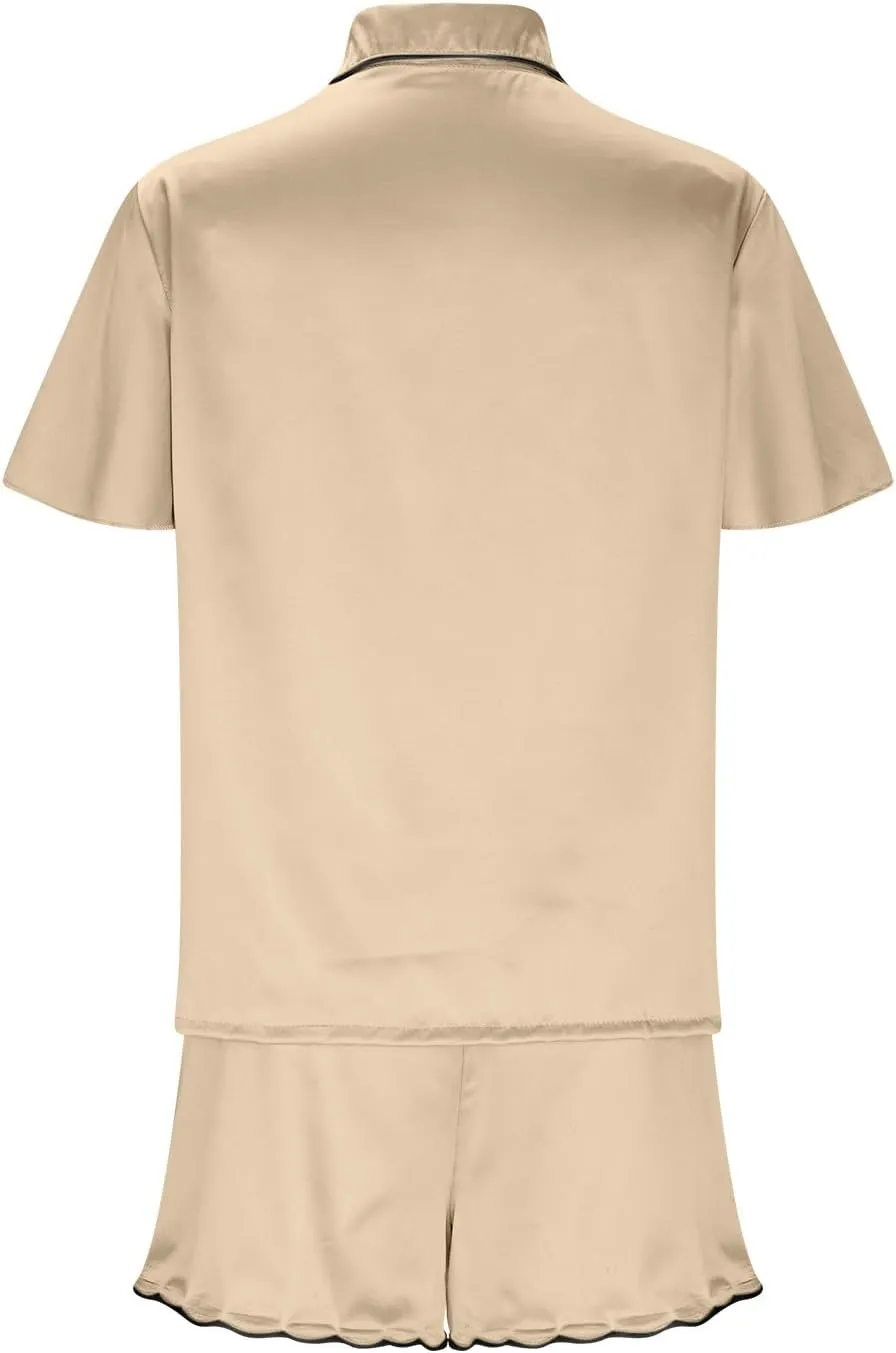 Silk Satin Pajama Set for Women 2 Piece Lounge Pjs Matching Outfits Summer Sleepwear Button Down Shirt Ruffle Shorts