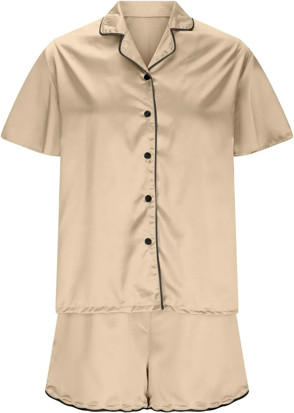 Silk Satin Pajama Set for Women 2 Piece Lounge Pjs Matching Outfits Summer Sleepwear Button Down Shirt Ruffle Shorts