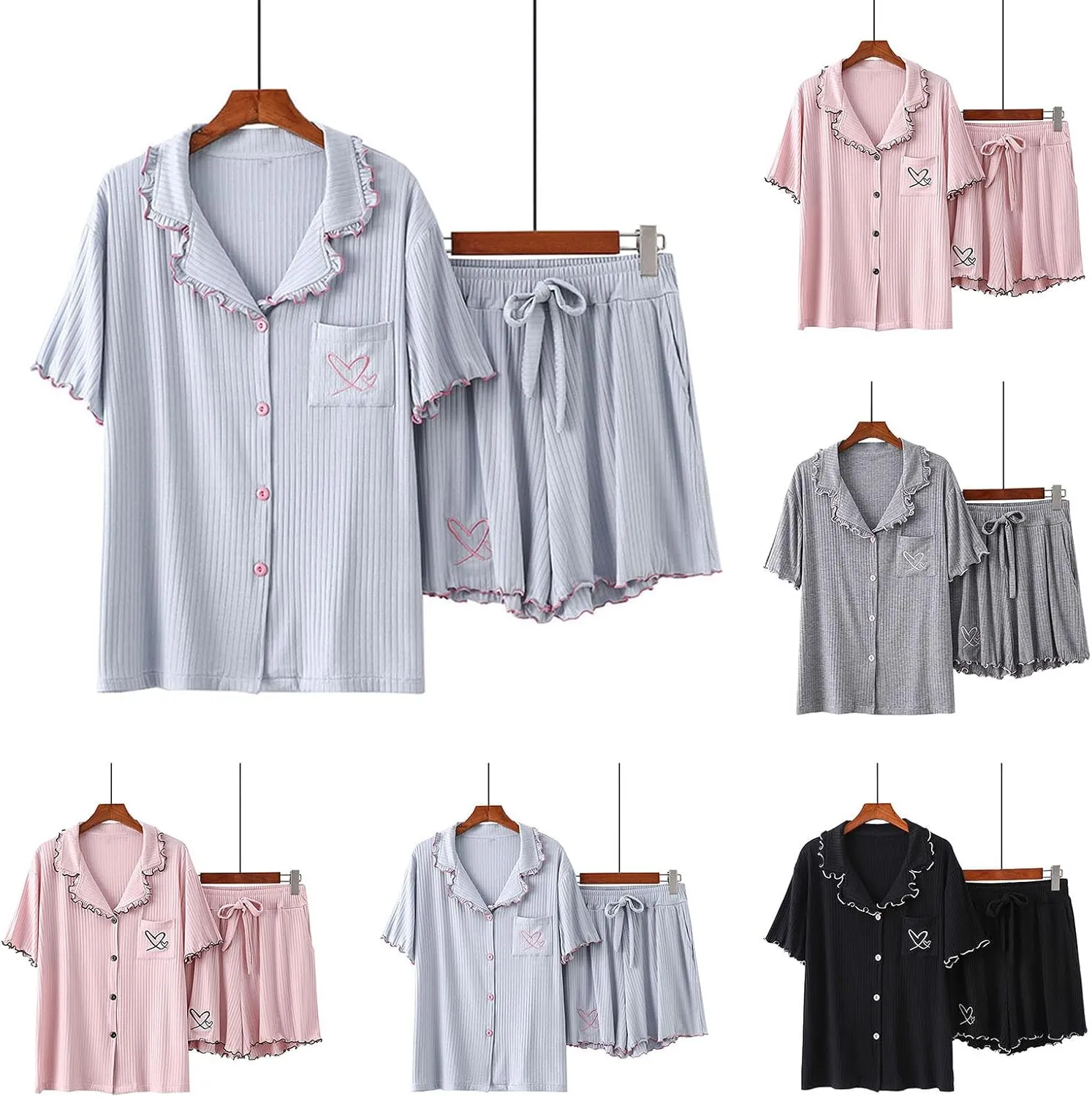 Soft Modal Shorts Pajamas for Women Cute Heart Embroidered Ruffle Collar Button Down Sleepwear Summer Pjs Loungewear Sets