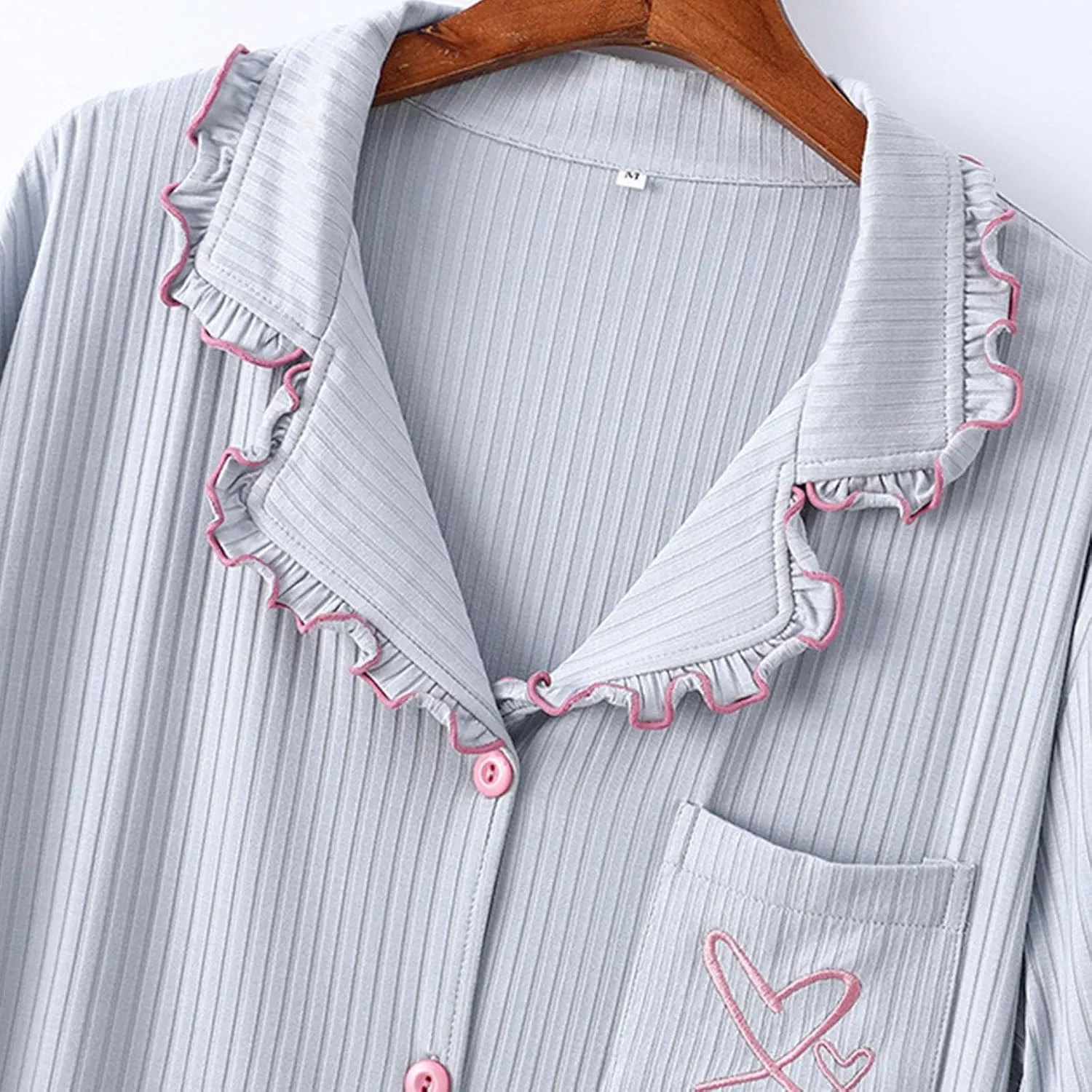 Soft Modal Shorts Pajamas for Women Cute Heart Embroidered Ruffle Collar Button Down Sleepwear Summer Pjs Loungewear Sets