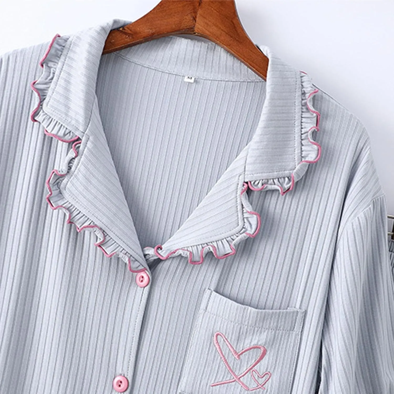 Soft Modal Shorts Pajamas for Women Cute Heart Embroidered Ruffle Collar Button Down Sleepwear Summer Pjs Loungewear Sets