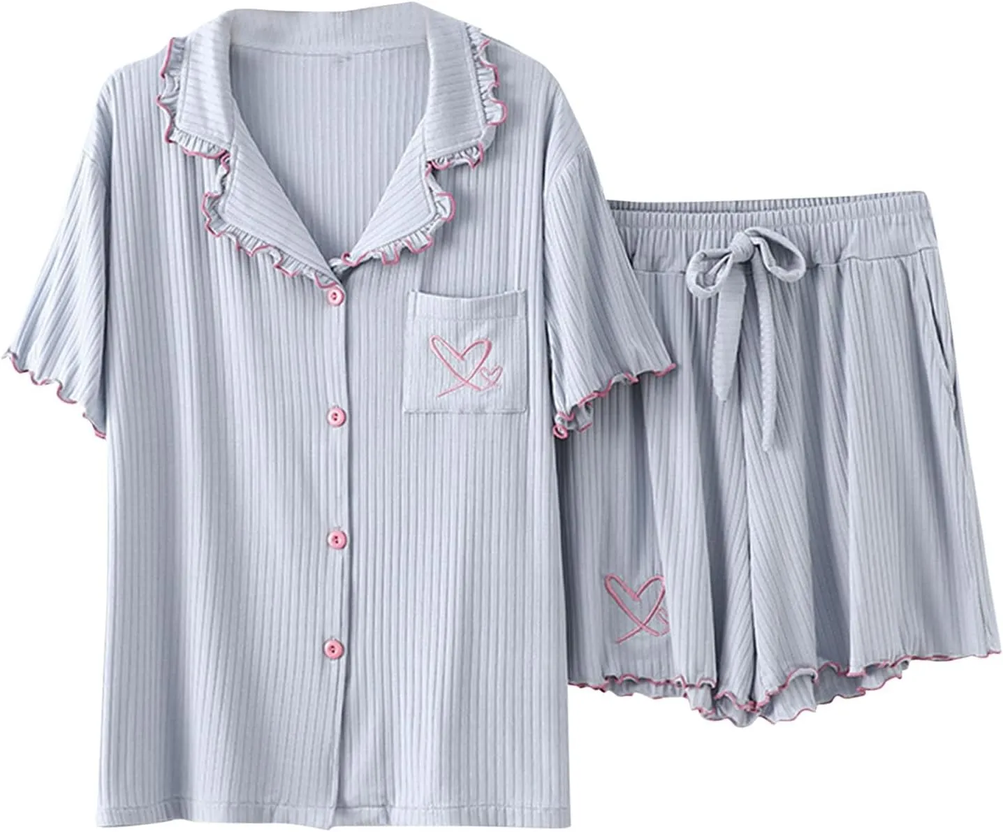 Soft Modal Shorts Pajamas for Women Cute Heart Embroidered Ruffle Collar Button Down Sleepwear Summer Pjs Loungewear Sets