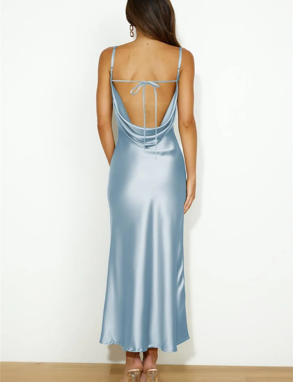 Summer Satin Spaghetti Strap Cowl Neck Backless Midi Dresses for Women Elegant Tie Low Back Ruched Cocktail Dress
