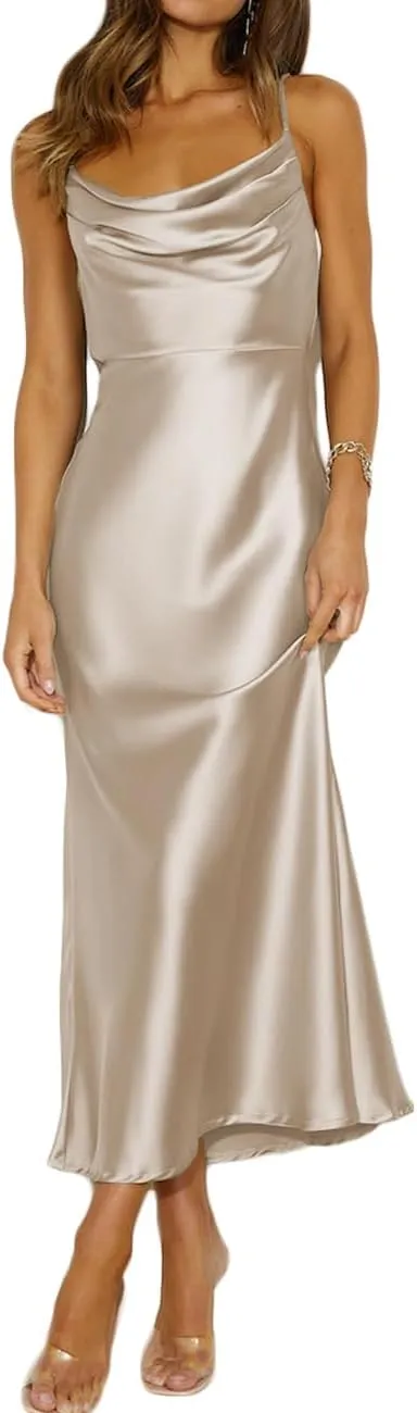 Summer Satin Spaghetti Strap Cowl Neck Backless Midi Dresses for Women Elegant Tie Low Back Ruched Cocktail Dress