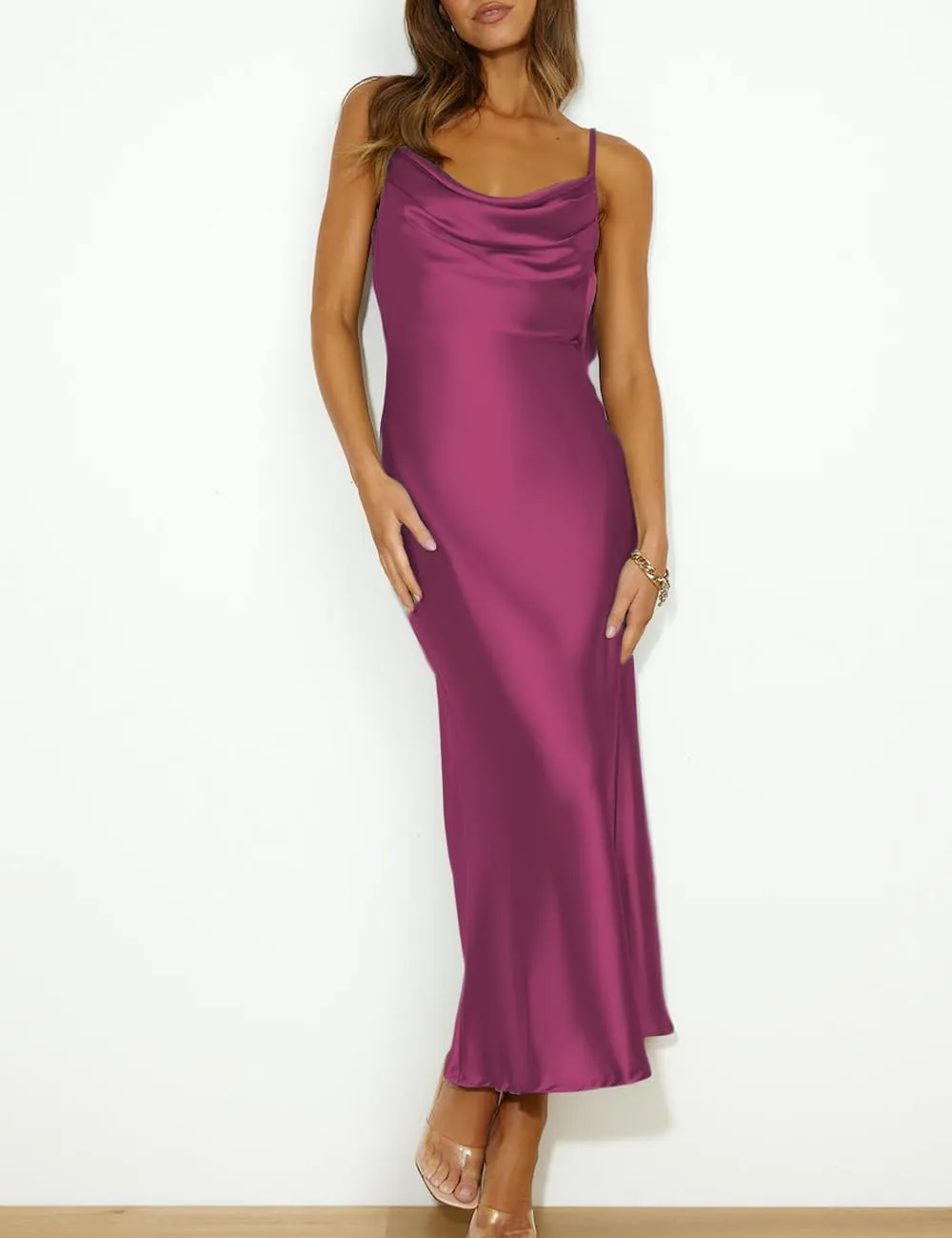 Summer Satin Spaghetti Strap Cowl Neck Backless Midi Dresses for Women Elegant Tie Low Back Ruched Cocktail Dress