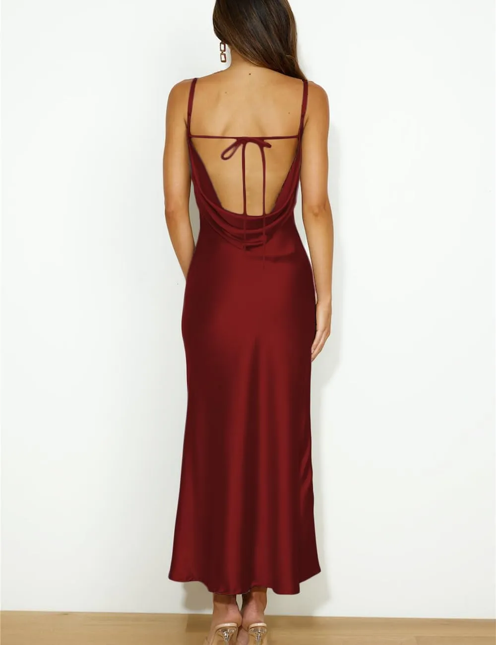 Summer Satin Spaghetti Strap Cowl Neck Backless Midi Dresses for Women Elegant Tie Low Back Ruched Cocktail Dress