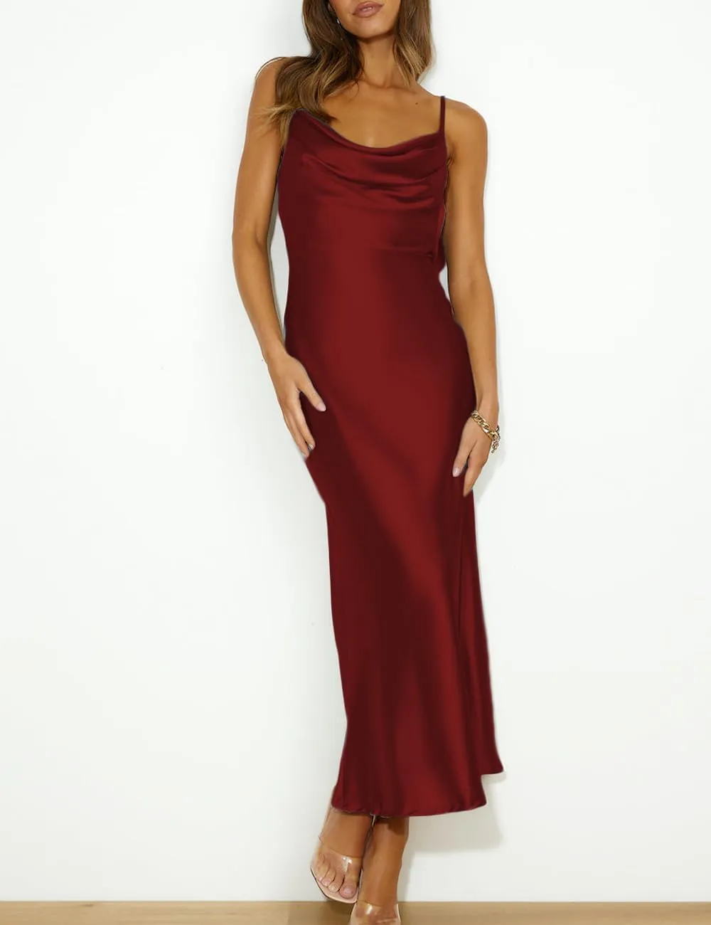 Summer Satin Spaghetti Strap Cowl Neck Backless Midi Dresses for Women Elegant Tie Low Back Ruched Cocktail Dress