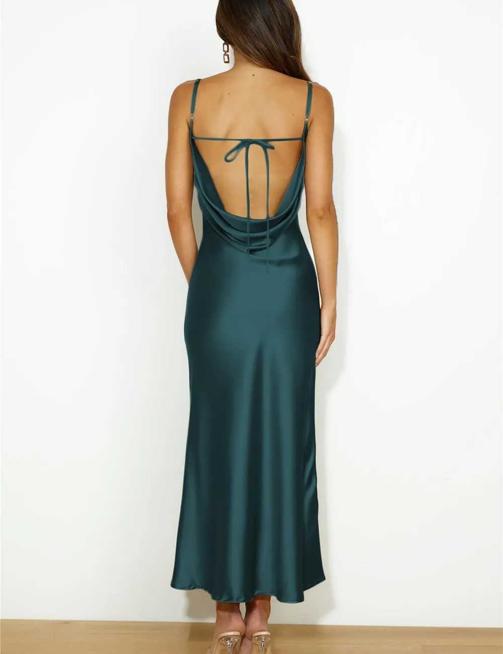 Summer Satin Spaghetti Strap Cowl Neck Backless Midi Dresses for Women Elegant Tie Low Back Ruched Cocktail Dress