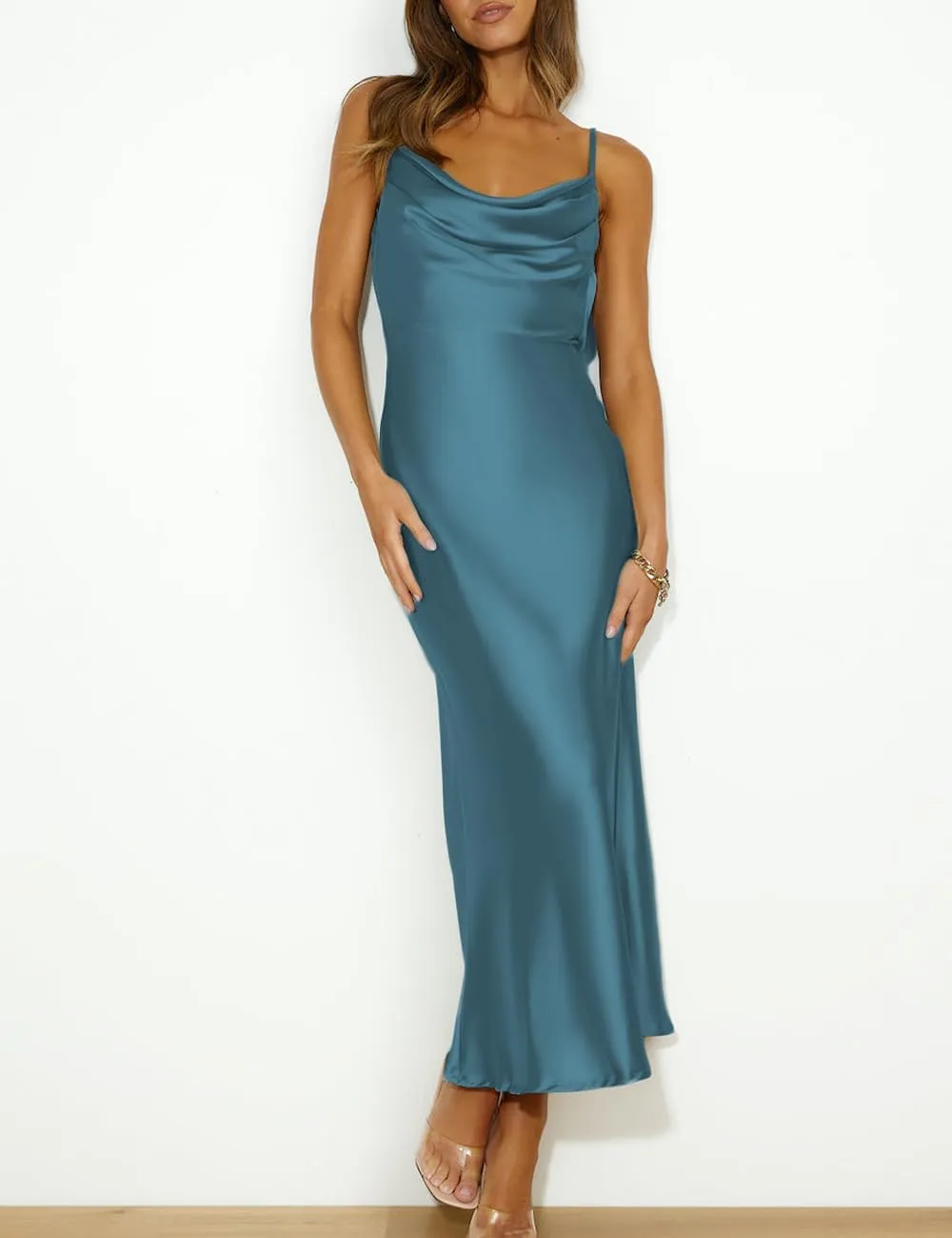 Summer Satin Spaghetti Strap Cowl Neck Backless Midi Dresses for Women Elegant Tie Low Back Ruched Cocktail Dress