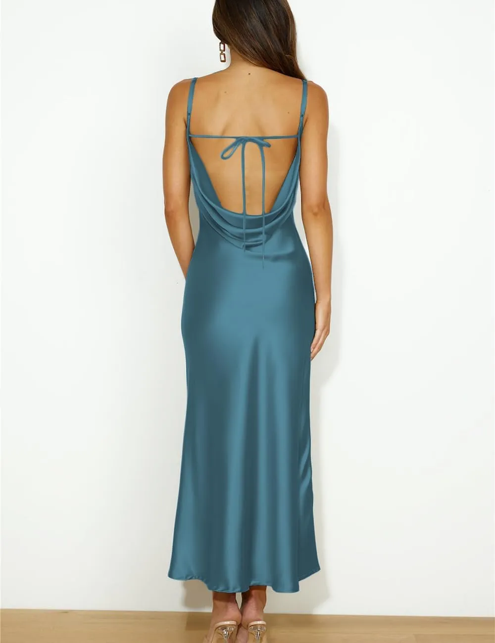 Summer Satin Spaghetti Strap Cowl Neck Backless Midi Dresses for Women Elegant Tie Low Back Ruched Cocktail Dress