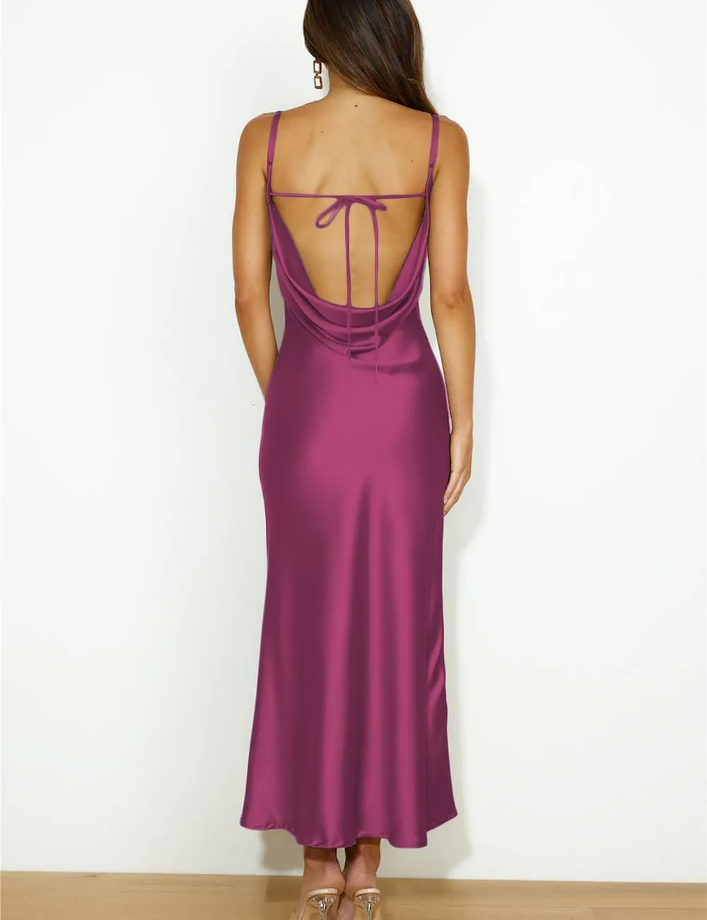 Summer Satin Spaghetti Strap Cowl Neck Backless Midi Dresses for Women Elegant Tie Low Back Ruched Cocktail Dress