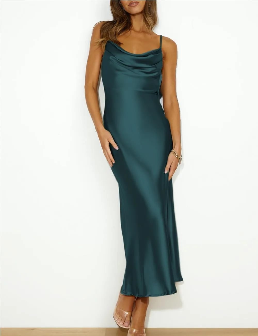 Summer Satin Spaghetti Strap Cowl Neck Backless Midi Dresses for Women Elegant Tie Low Back Ruched Cocktail Dress