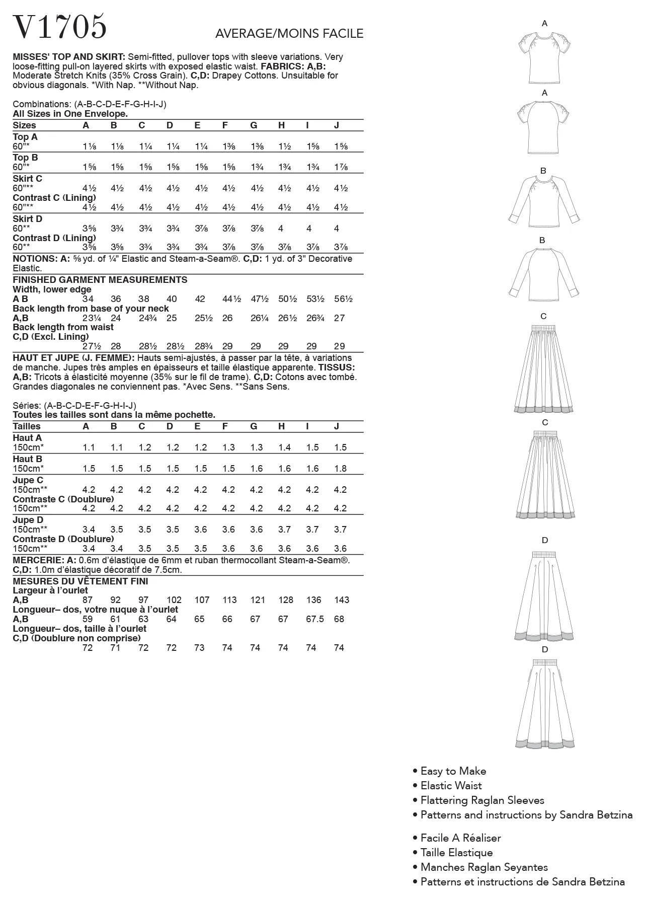 V1705 Misses' Top & Skirt (size: A-B-C-D-E-F-G-H-I-J)