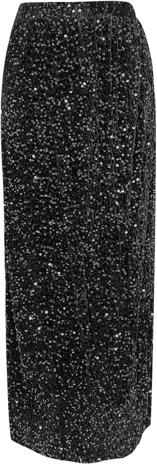 Women Sequin Skirt Sparkly Cute High Waist Ruffle Women's Elastic Waisted Bodycon Sparkle Night Out Silver Sparkly