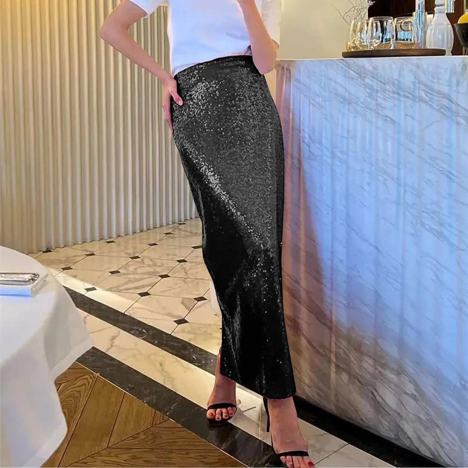 Women Sequin Skirt Sparkly Cute High Waist Ruffle Women's Elastic Waisted Bodycon Sparkle Night Out Silver Sparkly