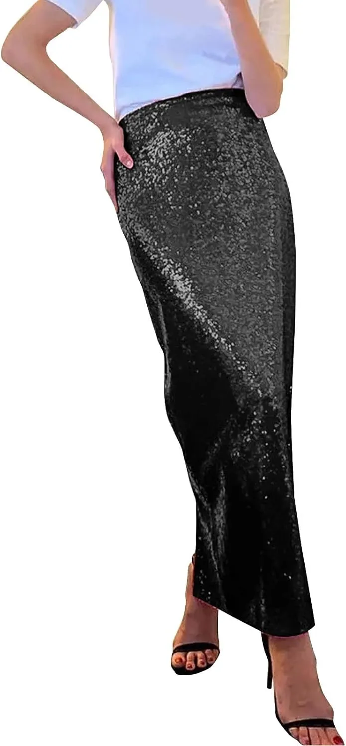 Women Sequin Skirt Sparkly Cute High Waist Ruffle Women's Elastic Waisted Bodycon Sparkle Night Out Silver Sparkly