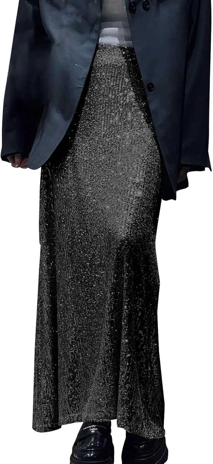 Women Sequin Skirt Sparkly Cute High Waist Ruffle Women's Elastic Waisted Bodycon Sparkle Night Out Silver Sparkly