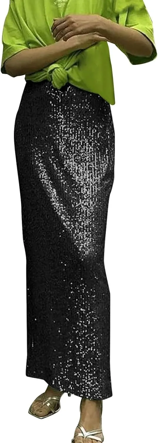 Women Sequin Skirt Sparkly Cute High Waist Ruffle Women's Elastic Waisted Bodycon Sparkle Night Out Silver Sparkly