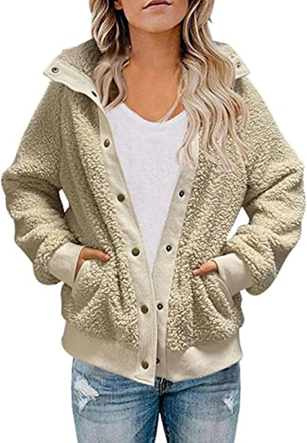 Women's 2024 Winter Warm Fleece Lined Jacket Long Sleeve Button Sherpa Jacket Coat with Pockets