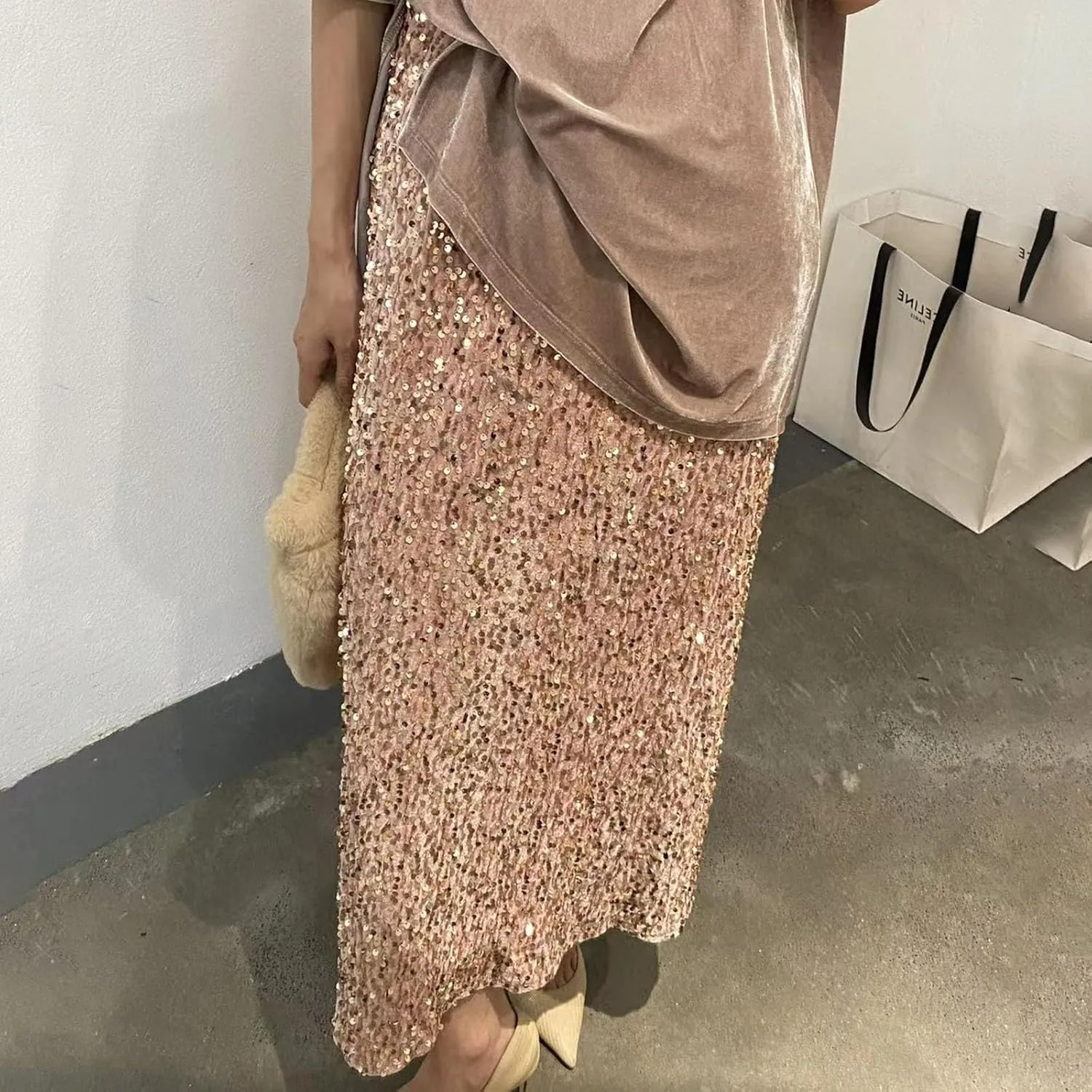 Women's Shiny Sparkly Sequin Maxi Skirt Women Elastic Waist Elastic Straight Long Skirt Glitter Low Sequin Pencil