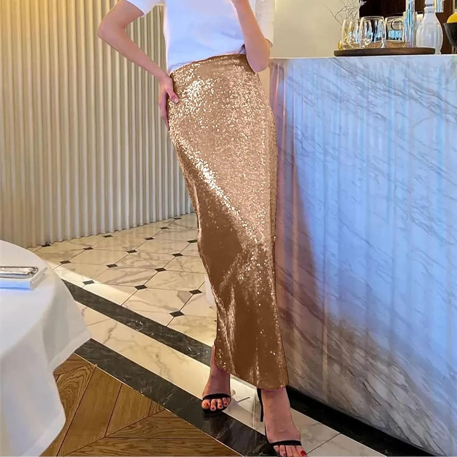 Women's Shiny Sparkly Sequin Maxi Skirt Women Elastic Waist Elastic Straight Long Skirt Glitter Low Sequin Pencil