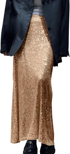 Women's Shiny Sparkly Sequin Maxi Skirt Women Elastic Waist Elastic Straight Long Skirt Glitter Low Sequin Pencil