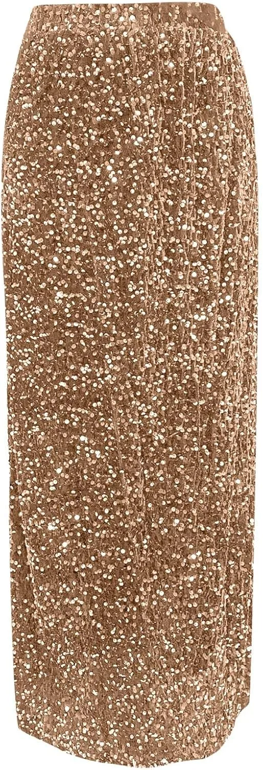 Women's Shiny Sparkly Sequin Maxi Skirt Women Elastic Waist Elastic Straight Long Skirt Glitter Low Sequin Pencil