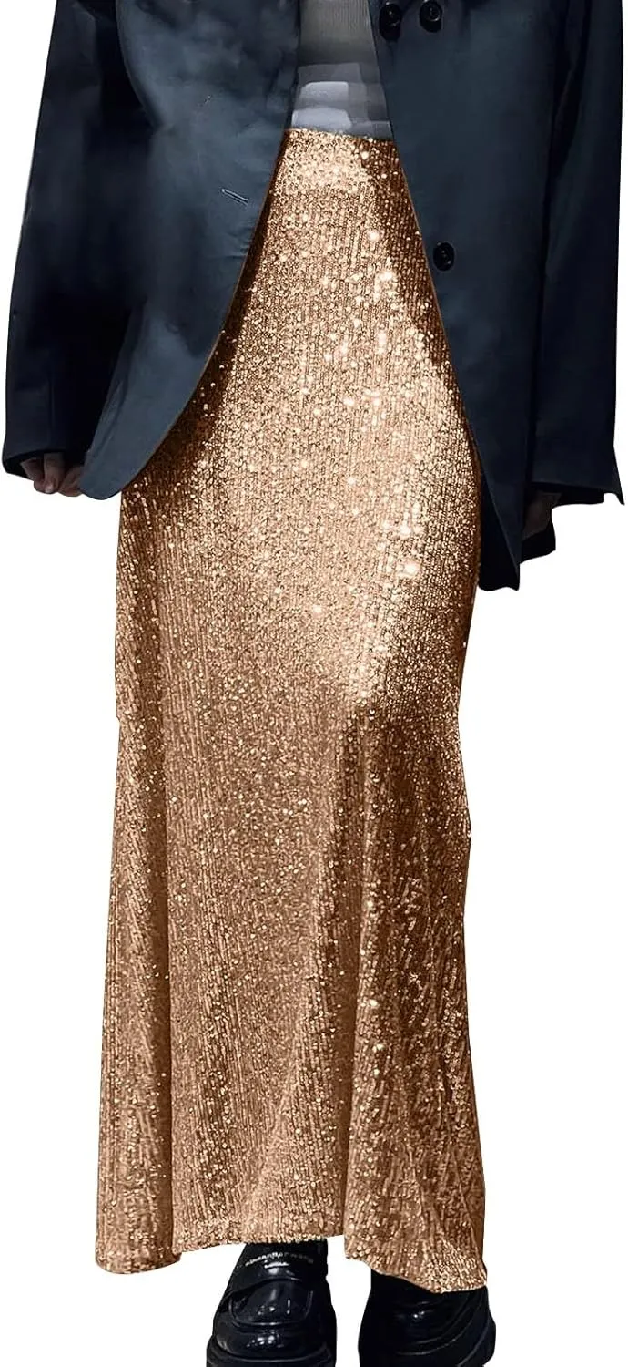 Women's Shiny Sparkly Sequin Maxi Skirt Women Elastic Waist Elastic Straight Long Skirt Glitter Low Sequin Pencil