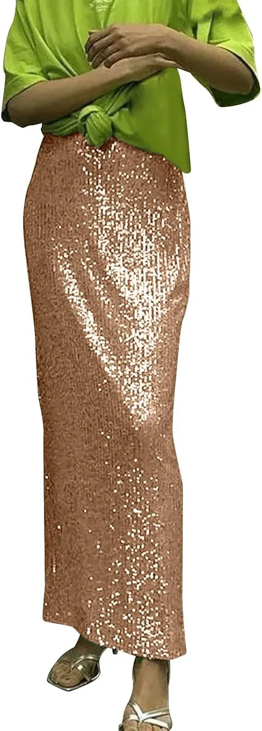 Women's Shiny Sparkly Sequin Maxi Skirt Women Elastic Waist Elastic Straight Long Skirt Glitter Low Sequin Pencil