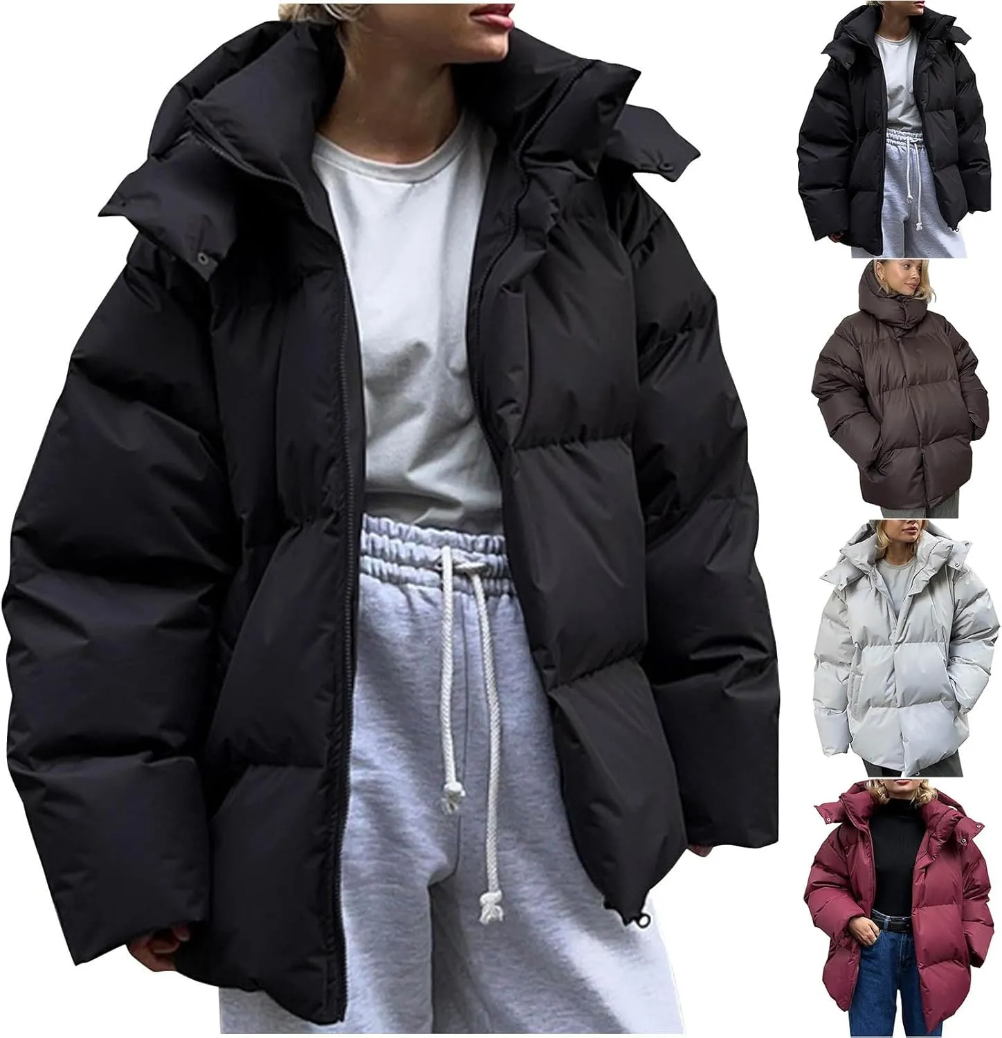 Womens Winter Hooded Oversized Puffer Jacket Zip up Quilted Padded down Jackets Winter Quilted Warm Outdoor Ski Coat