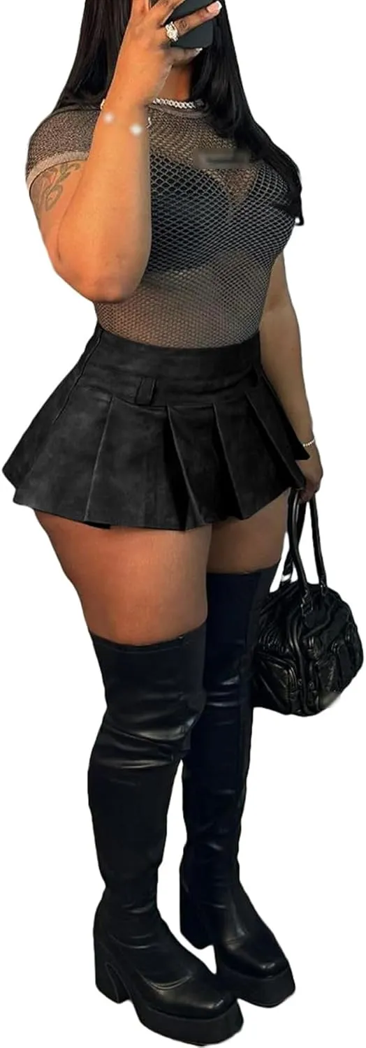 Women's Y2K PU Leather Pleated Mini Skirts High Waist Flared Hem A-Line Party Club Sexy Short Skirt