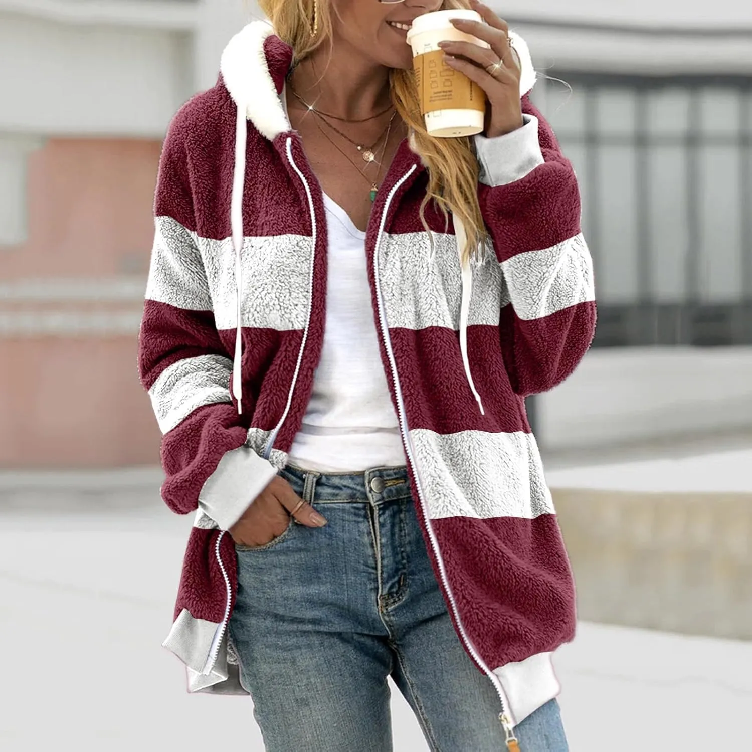 Womens Y2k Tops Zipper Long Sleeve Stitching Coats Color Block Fleece Plush Hooded Jacket Dressy Outerwear