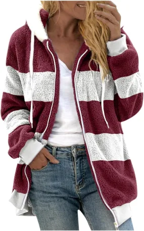 Womens Y2k Tops Zipper Long Sleeve Stitching Coats Color Block Fleece Plush Hooded Jacket Dressy Outerwear