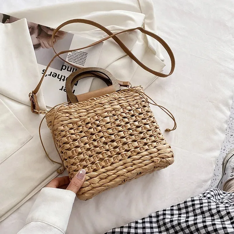 Wooden Handle Summer Vacation Woven Beach Handbag