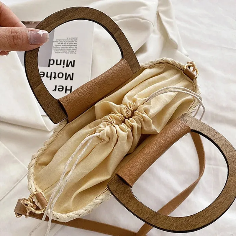 Wooden Handle Summer Vacation Woven Beach Handbag