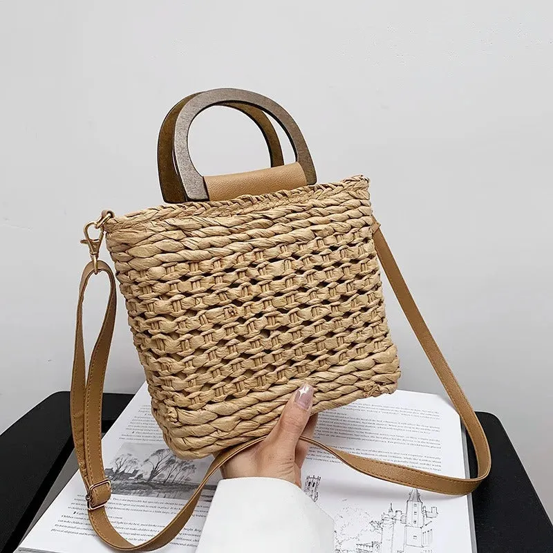 Wooden Handle Summer Vacation Woven Beach Handbag