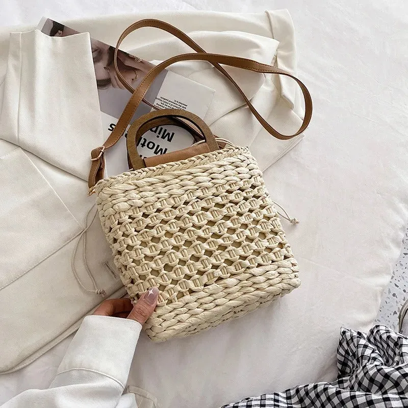 Wooden Handle Summer Vacation Woven Beach Handbag
