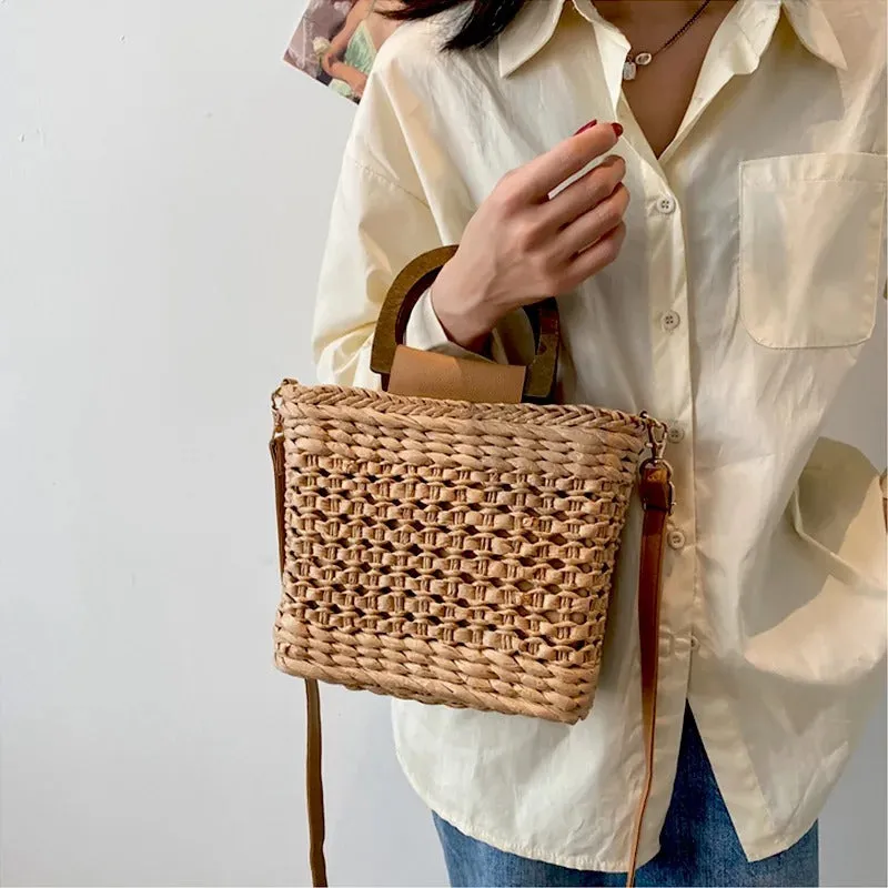Wooden Handle Summer Vacation Woven Beach Handbag