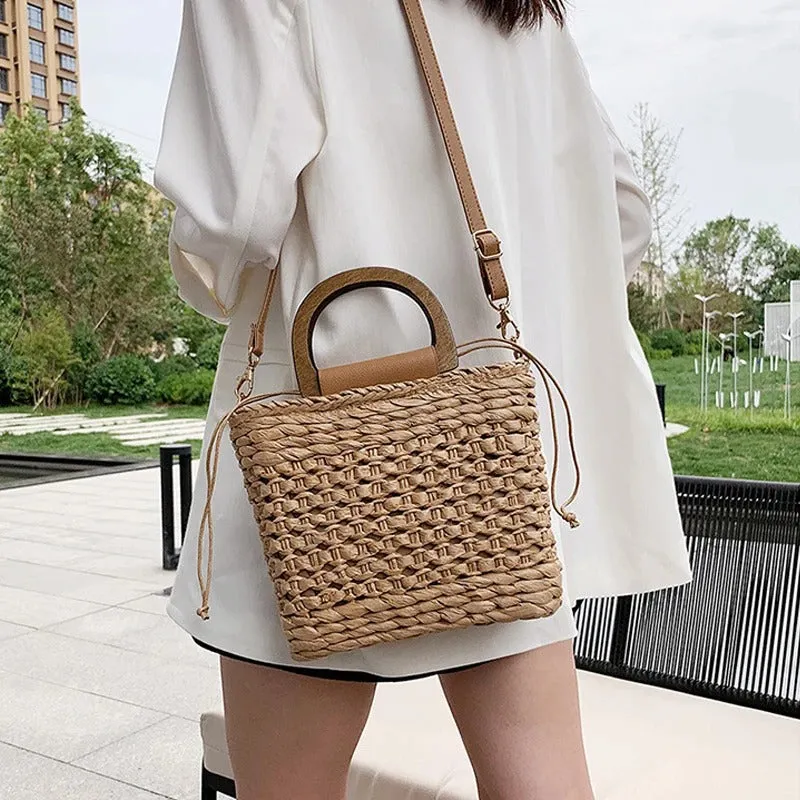 Wooden Handle Summer Vacation Woven Beach Handbag